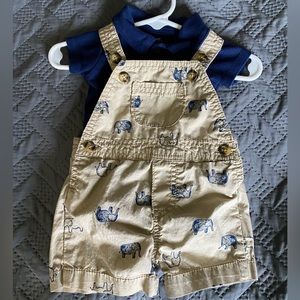 Carters (3M) khaki elephant overalls with navy blue polo shirt.